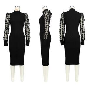 Almost Famous Women's Black Petal Mesh LongSleeve Midi Dress Sz Small